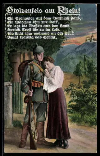 AK Soldat in Uniform mit Pickelhaube und Gewehr verabschiedet sich von seiner Frau