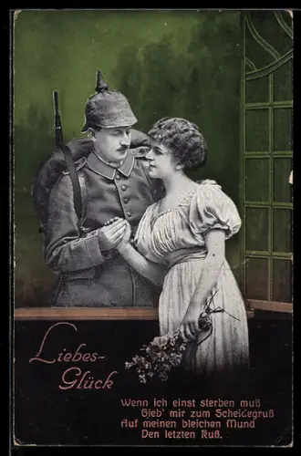 AK Soldat in Uniform mit Pickelhaube und Gewehr beim Abschied von seiner Liebsten