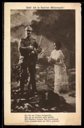 AK Soldat in Uniform mit Pickelhaube und Gewehr mitternachts auf Wachposten denkt an seine Frau
