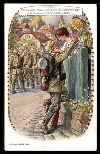 Künstler-AK Soldatenliebe, deutscher Infanterist verabschiedet sich von seinem Mädchen zum Kriegsausmarsch