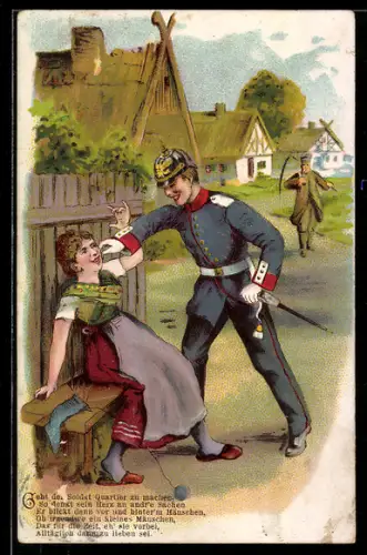 AK Soldat in Uniform mit Pickelhaube und Bajonett mit junger Frau in einem Dorf