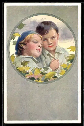 Künstler-AK Brüder Kohn (B.K.W.I) Nr. 309-3: Kinderpaar zwischen Blättern