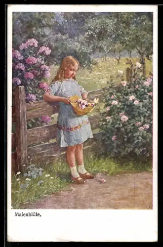 Künstler-AK Brüder Kohn (B.K.W.I) Nr. 333-1: Mädchen am Zaun mit Blumen