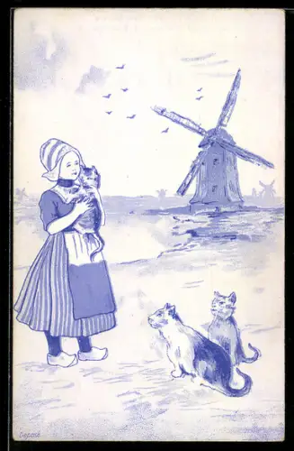 Künstler-AK Brüder Kohn (B.K.W.I) Nr. 598-4: Holländerin mit Katzen, Im Hintergrund Windmühle
