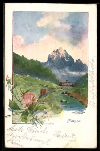 Künstler-AK Allegorie Morgen, Uferpartie am Morgen mit Gebirge