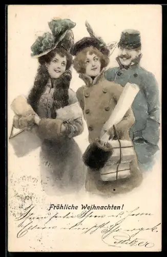 Künstler-AK Brüder Kohn (B.K.W.I) Nr. 3000/6: Soldat und zwei Frauen mit Päckchen, Weihnachtsgruss