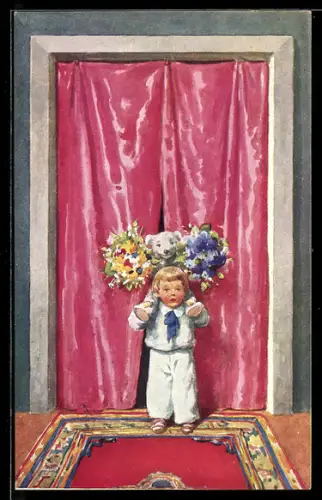 Künstler-AK Brüder Kohn (B.K.W.I) Nr. 204-1: Kleiner Junge mit einem Stofftier Hund und Blumen auf den Schultern