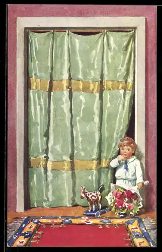 Künstler-AK Brüder Kohn (B.K.W.I) Nr. 204-3: Kleines Kind mit Blumenstrauss und einem Pferdespielzeug auf Rollen