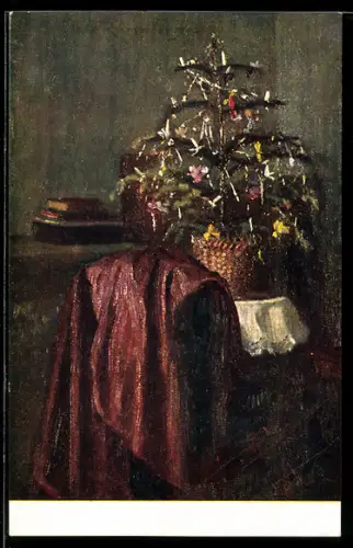 Künstler-AK Kleiner Weihnachtsbaum steht auf einem Tisch