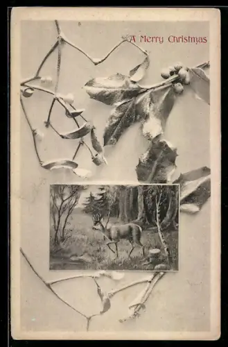 Künstler-AK Brüder Kohn (B.K.W.I) Nr. 2091-4: Rehbock auf einer Wiese, Zweige, Weihnachtsgruss, Passepartout