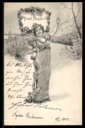 Künstler-AK Brüder Kohn (B.K.W.I) Nr. 2533/2: Fräulein mit Sektflasche, Neujahrsgruss