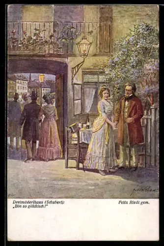Künstler-AK Serie: Schubert-Lieder, Bin so glücklich...!, Schubert mit seiner Liebsten am Tor