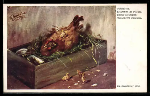 Künstler-AK Theodor Breidwiser: Osterboten, Henne im Nest mit Küken