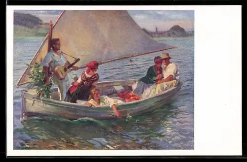 Künstler-AK Brüder Kohn (B.K.W.I) Nr. 2559: Ausflügler auf einem Boot im Sommer