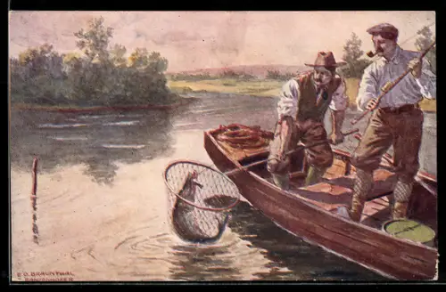 Künstler-AK Angler holen Hecht aus dem Wasser
