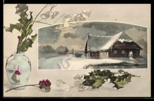 Künstler-AK Brüder Kohn (B.K.W.I) Nr. 2082/2: Haus in winterlicher Landschaft bei Mondschein, Vase mit Zweigen