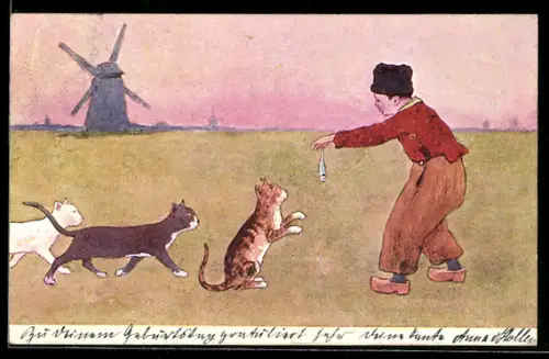 Künstler-AK Brüder Kohn (B.K.W.I) Nr. 648-6: Holländer füttert Katze, Im Hintergrund Windmühle