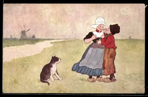 Künstler-AK Brüder Kohn (B.K.W.I) Nr. 840-3: Holländisches Pärchen, Im Hintergrund Windmühlen