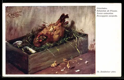 Künstler-AK Theodor Breidwiser: Osterboten, Henne im Nest mit Küken