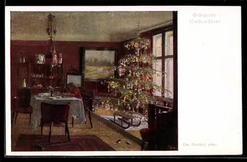Künstler-AK Brüder Kohn (B.K.W.I) Nr. 1602: Weihnachtsbaum in der festlichen Stube, Weihnachtsgruss