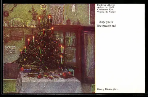 AK Heiliger Abend, Stube mit Christbaum, Weihnachtsgruss