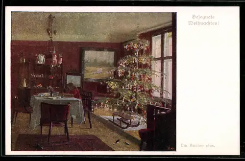 Künstler-AK Brüder Kohn (B.K.W.I) Nr. 1602: Mädchen am Tisch vor Tannenbaum, Weihnachtsgruss