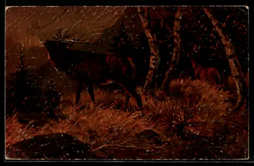 Ölgemälde-Imitations-AK Imita / A.S.-M. Leipzig Nr. 617: Röhrender Hirsch im Wald