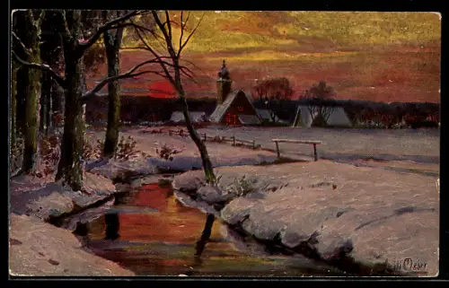 Ölgemälde-Imitations-AK Imita / A.S.-M. Leipzig Nr. 600: Winterliche Landschaft mit Bach bei Sonnenuntergang