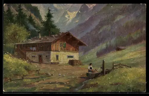 Ölgemälde-Imitations-AK Imita / A.S.-M. Leipzig Nr. 599: Bauernhaus und Frau am Brunnen