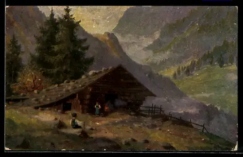 Ölgemälde-Imitations-AK Imita / A.S.-M. Leipzig Nr. 598: Holzhütte mit Wanderer in Berglandschaft