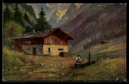 Ölgemälde-Imitations-AK Imita / A.S.-M. Leipzig Nr. 599: Bauernhaus und Frau am Brunnen