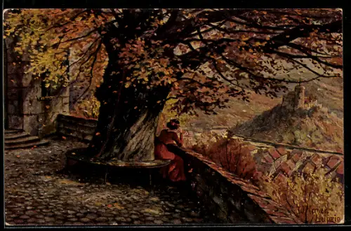 Ölgemälde-Imitations-AK Imita / A.S.-M. Leipzig Nr. 607: Frau unter der Linde schaut auf Burg