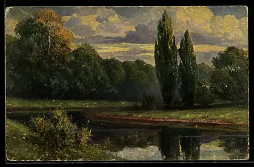 Ölgemälde-Imitations-AK Imita / A.S.-M. Leipzig Nr. 626: Uferlandschaft mit Bäumen