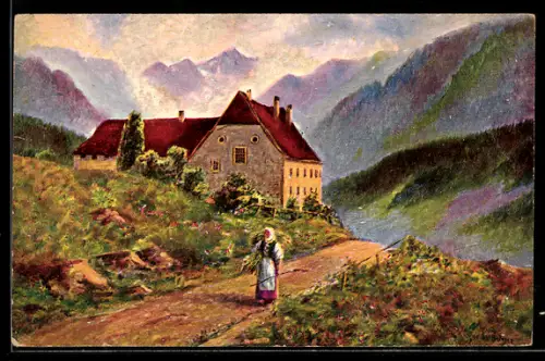 Ölgemälde-Imitations-AK Imita / A.S.-M. Leipzig Nr. 686: Frau auf einer Landstrasse im Sommer