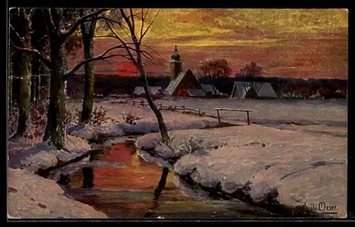 Künstler-AK Imita / A.S.-M. Leipzig Nr. 600: Winter am Bach, Blick auf einen Ort im Abendlicht, Lili Meier