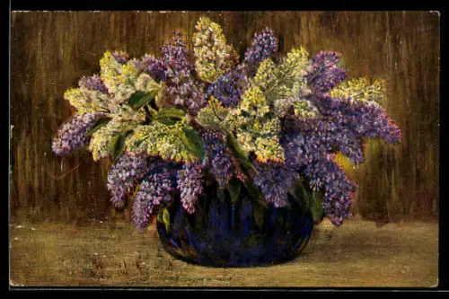Ölgemälde-Imitations-AK Imita / A.S.-M. Leipzig Nr. 674: Stillleben, Vase mit Flieder
