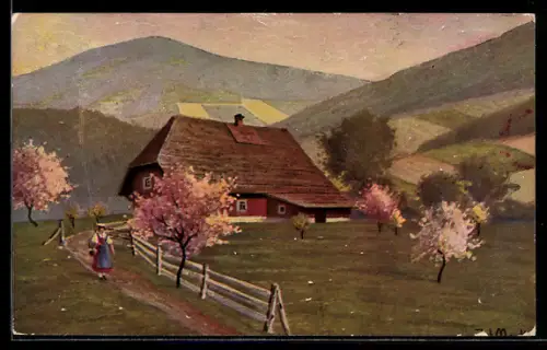 Ölgemälde-Imitations-AK Imita / A.S.-M. Leipzig Nr. 635: Haus und Frau in sommerlicher Landschaft