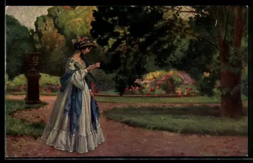 Ölgemälde-Imitations-AK Imita / A.S.-M. Leipzig Nr. 0551: Frau mit einem Buch im Park