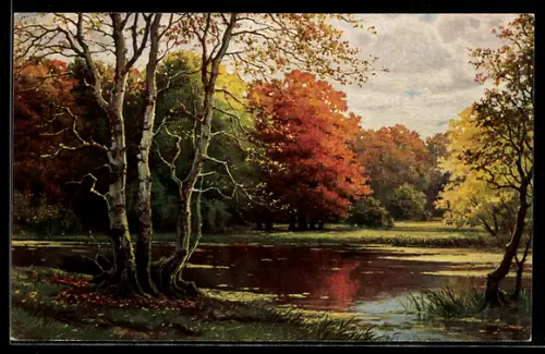 Ölgemälde-Imitations-AK Imita / A.S.-M. Leipzig Nr. 707: Herbstliche Landschaft mit Teich