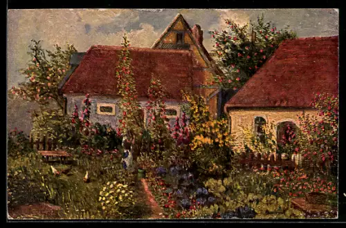Ölgemälde-Imitations-AK Imita / A.S.-M. Leipzig Nr. 685: Frau arbeitet im Garten