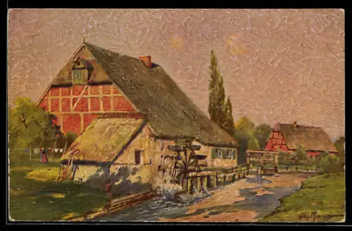 Ölgemälde-Imitations-AK Imita / A.S.-M. Leipzig Nr. 728: Wassermühle im Sommer