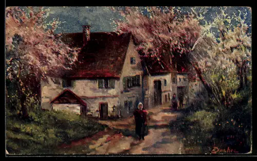 Ölgemälde-Imitations-AK Imita / A.S.-M. Leipzig Nr. 537: Frau in Landschaft bei Baumblüte