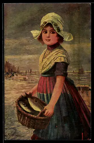 Künstler-AK Imita / A.S.-M. Leipzig Nr. 572: Holländerin in Tracht mit Fischen