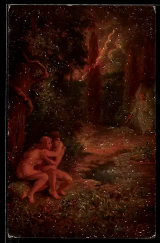Ölgemälde-Imitations-AK Imita / A.S.-M. Leipzig Nr. 583: Engel beschützt Adam und Eva im Wald
