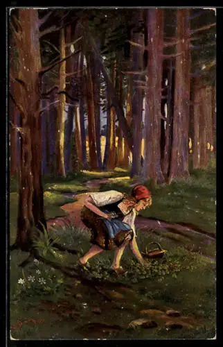 Ölgemälde-Imitations-AK Imita / A.S.-M. Leipzig Nr. 698: Rotkäppchen sammelt Beeren im Wald
