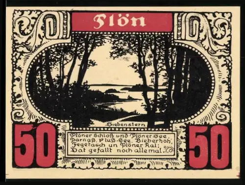 Notgeld Plön, 50 Pfennig, Landschaft mit See und Karte der Umgebung