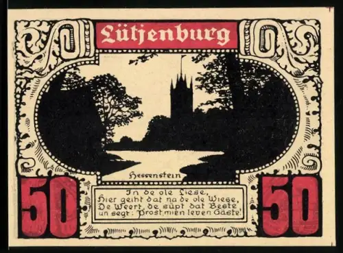 Notgeld Lütjenburg, 50 Pfennig, Burgsilhouette und Landkarte von Holsteinischer Schweiz