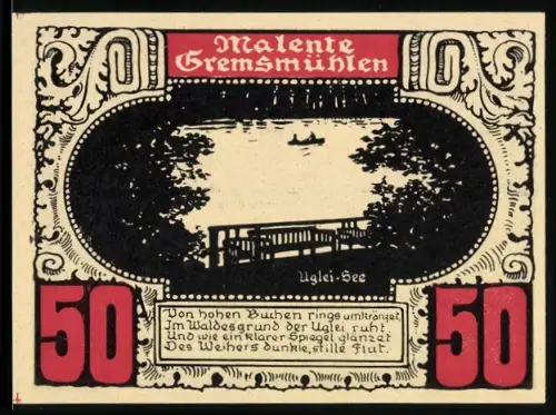 Notgeld Malente-Gremsmühlen, 50 Pfennig, Landschaftsmotiv des Uglei-Sees mit Boot und Baumkulisse