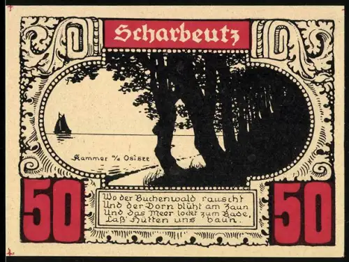 Notgeld Scharbeutz, 50 Pfennig, Buchenwald und Seekulisse mit Karte der Holsteinischen Schweiz