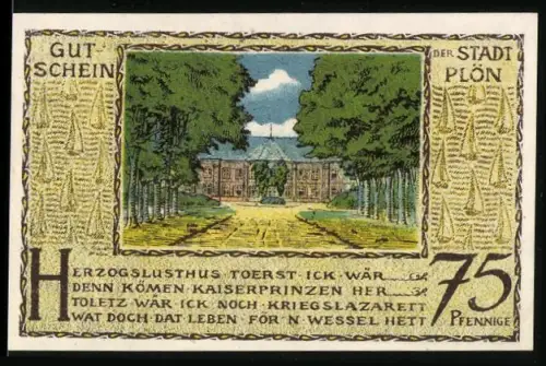 Notgeld Plön 1921, 75 Pfennig, Herzogslusthus und Prinzenfarm